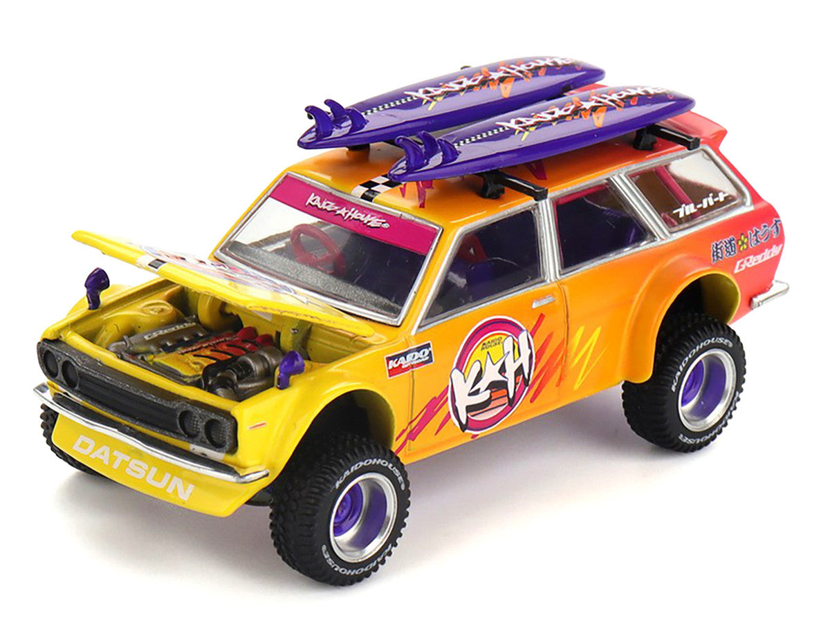 Datsun Kaido 510 Wagon 4x4 RHD (Right Hand Drive) "Kaido Islands V1" Yellow to Red Gradient with Surfboards (Designed by Jun Imai) "Kaido House" Special 1/64 Diecast Model Car by Mini GT
