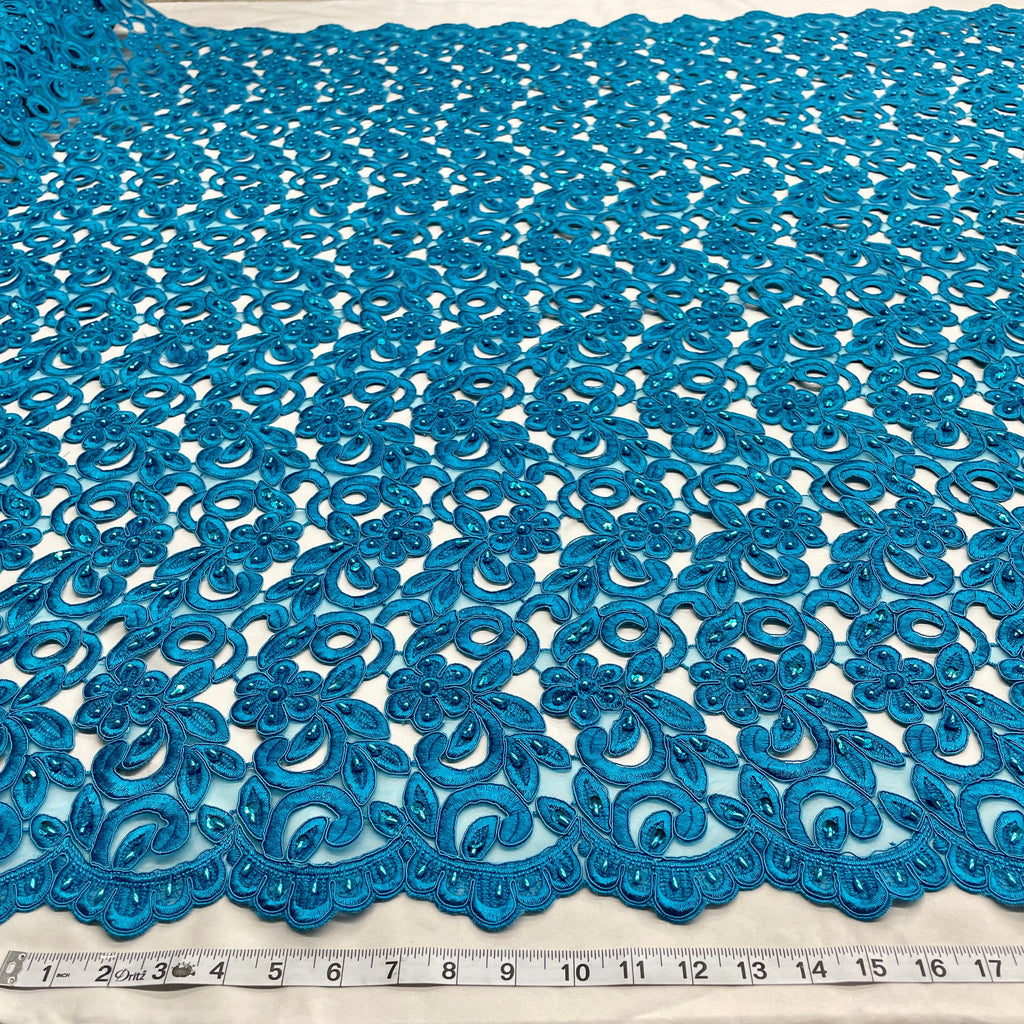 Beaded & Corded Bridal Lace Fabric Embroidered on 100% Polyester Net Mesh  | Lace USA -90726N-BP