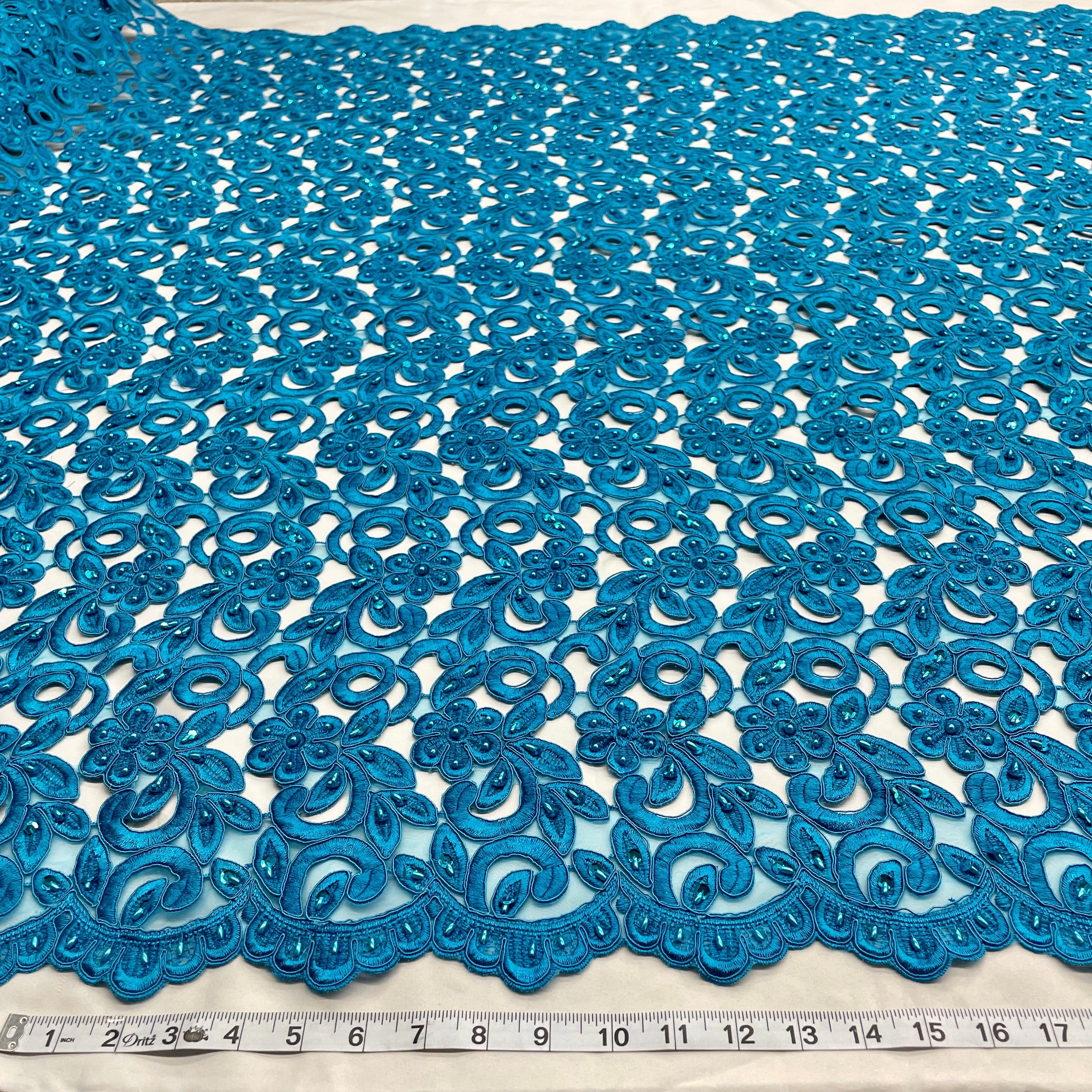 Beaded & Corded Bridal Lace Fabric Embroidered on 100% Polyester Net Mesh  | Lace USA -90726N-BP