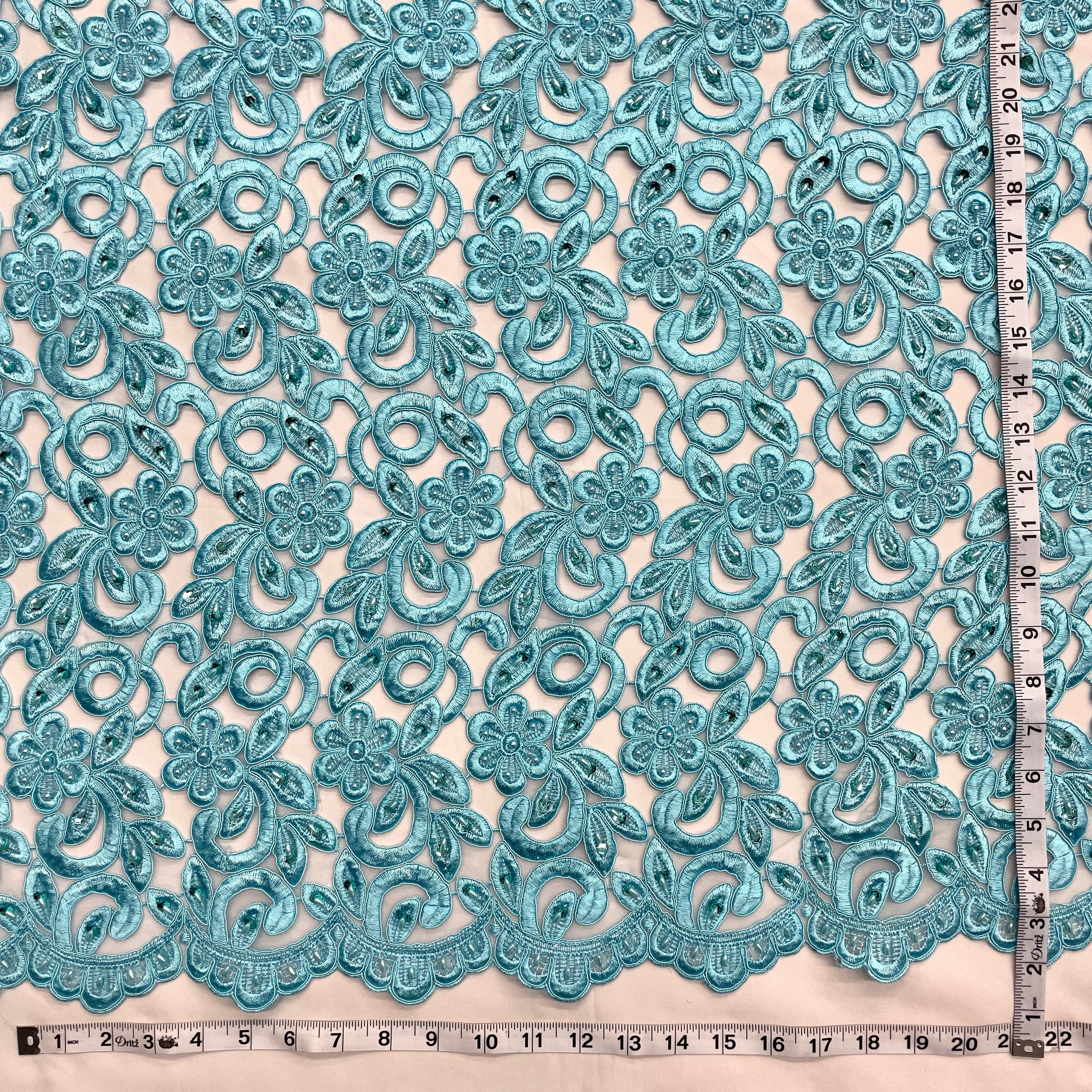 Beaded & Corded Bridal Lace Fabric Embroidered on 100% Polyester Net Mesh  | Lace USA -90726N-BP