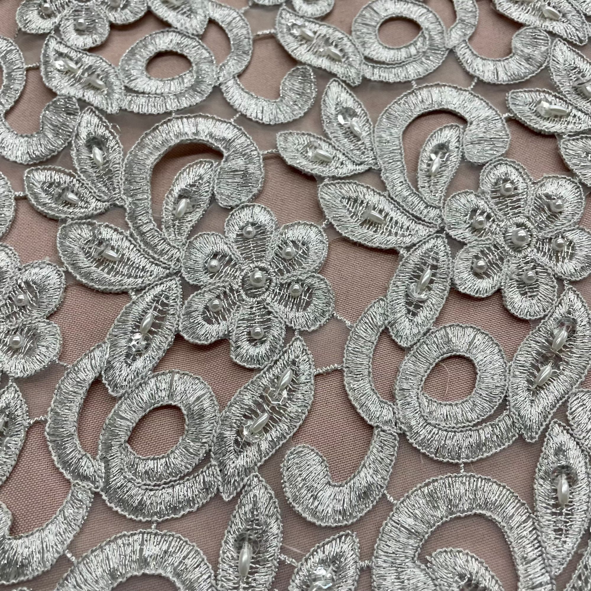 Beaded & Corded Bridal Lace Fabric Embroidered on 100% Polyester Net Mesh  | Lace USA -90726N-BP